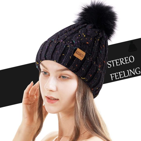 Womens Winter Warm Fleece Lined Knitted Soft Ski Cuff Beanie Hat with Pom Pom - Picture 2 of 5